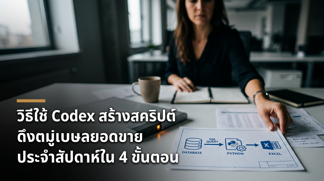 วิธีใช้ Codex สร้างสคริปต์ดึงข้อมูลยอดขายประจำสัปดาห์ใน 4 ขั้นตอน — วิธีใช้ Codex สร้างสคริปต์ดึงข้อมูลยอดขายประจำสัปดาห์ใน 4 ขั้นตอน, เรียน Codex, อบรม Codex, วิธีใช้ Codex, เขียนโค้ดด้วย AI, Python SQL workflow — Renet